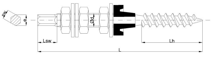 INOX, шуруп-шпилька, середина шестигранник - комплект (DIN 125 + 9021 + 9