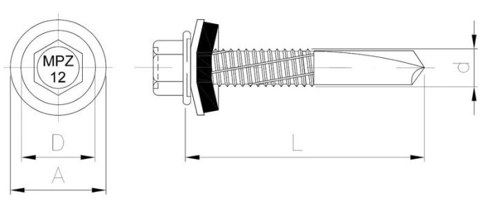 Саморез с шестигранной головкой с пресс-шайбой, со сверлом, MPZ 12 (оцинкованный)